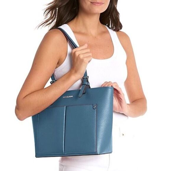 New Michael Kors Jet Set Travel Medium Double Pocket Tote Cornflower - Picture 2 of 4